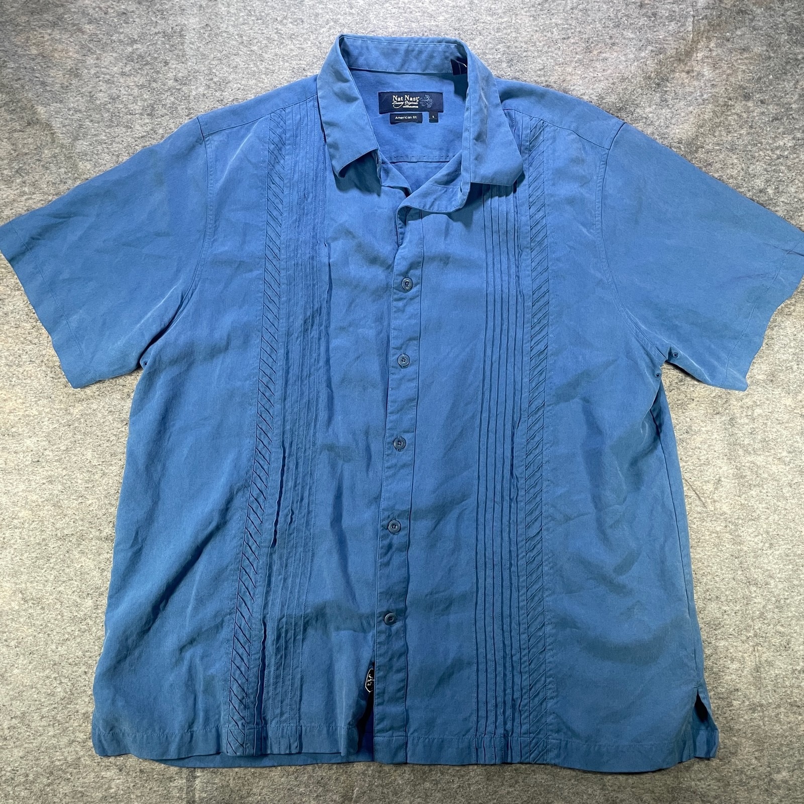 Nat Nast Shirt Mens Large Blue Silk Camp Button Up American Fit Short Sleeve